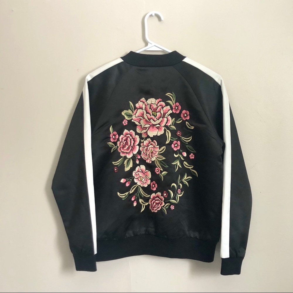 Embroidered Flower Satin Zip Up Jacket